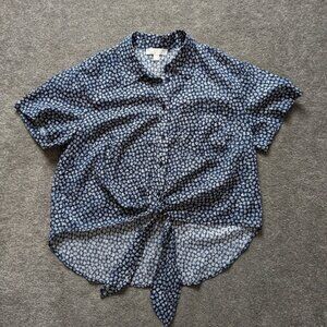 Michael Kors blue floral cotton front tie asymmetric hem button down blouse